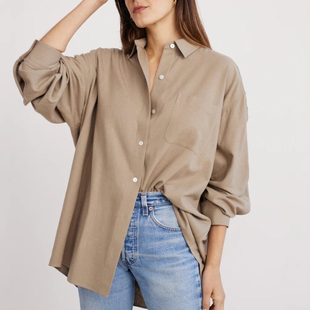 Jenni Kayne Oversized Shirt in Raw Silk in Hazel